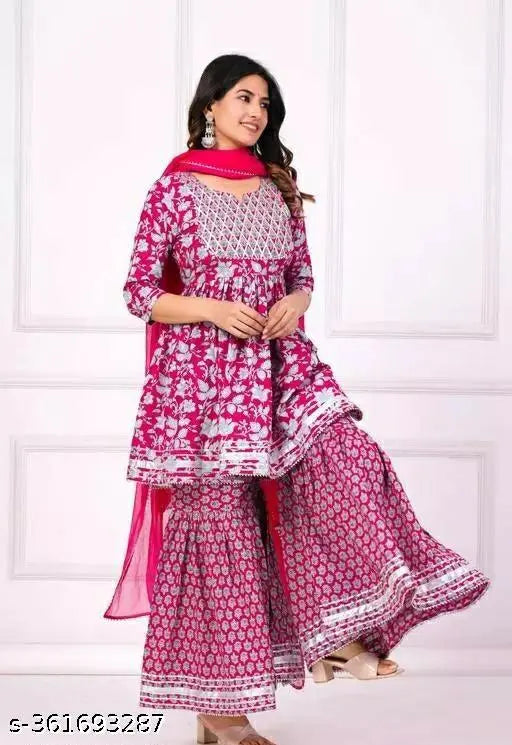 Women's pink sharara set with dupatta and bottomwear, rayon fabric, printed net, three-quarter sleeves, single size S-XXL, India origin