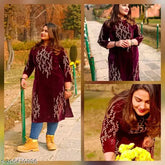 Wine velvet embroidered kurta, three-quarter sleeves, trendy winter wear from HAVYAA