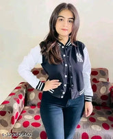 Navy blue wool full sleeve Kids' jacket, solid print design for girls (India)