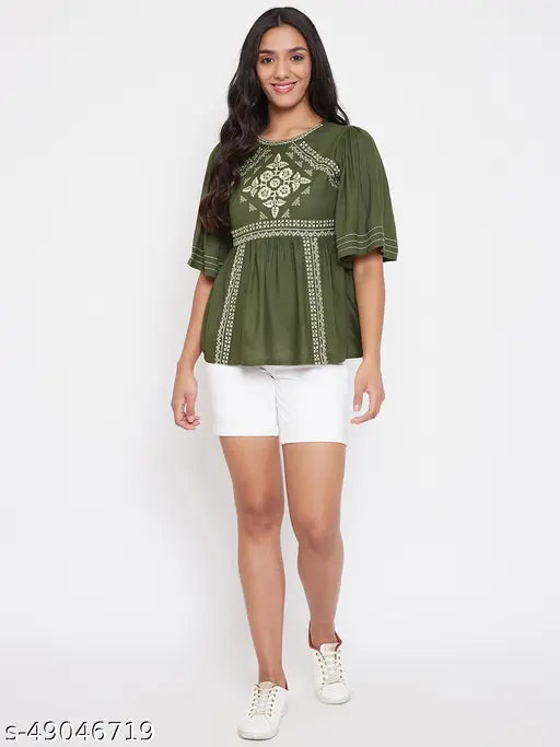 WineRed and green embroidered rayon A-line top for women, ideal for office and casual wear. Short sleeves, soft against skin, perfect for a day out or party in India