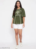 WineRed and green embroidered rayon A-line top for women, ideal for office and casual wear. Short sleeves, soft against skin, perfect for a day out or party in India
