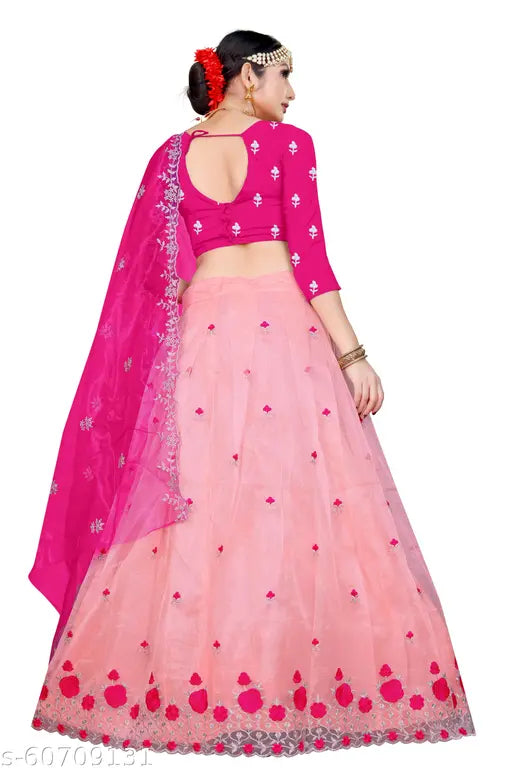 Embroidered dupion silk and net lehenga with heavy threadwork, semi-stitched (44m waist, 43m length), featuring a blouse in heavy Bangalore silk and an embroidered dupatta (2.10-2.20m). Indian handcrafted traditional wear