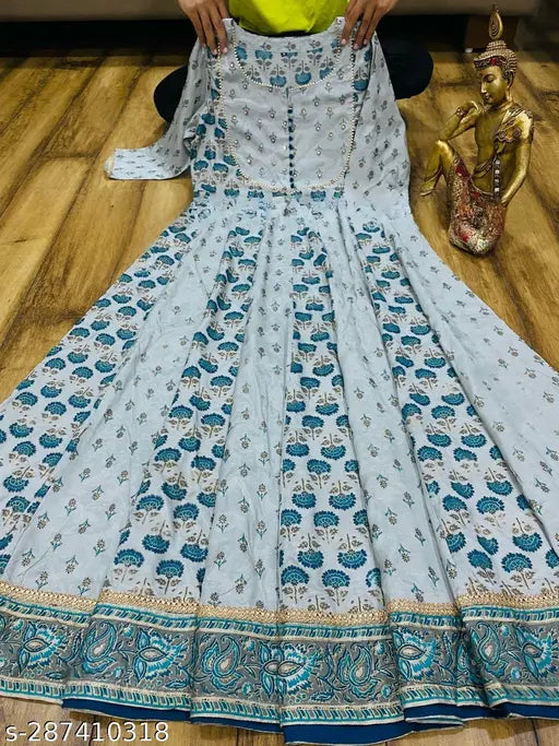 Rayon anarkali kurta with dupatta, big size, printed net pattern, three-quarter sleeves. Available in multiple sizes: M, L, XL, XXL, XXXL, 4XL, 5XL, 6XL. Indian handloom product