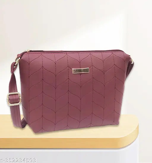 Maroon quilted PU sling bag with 3 compartments, ideal for women and girls. Stylish and versatile crossbody bag, part of LaVue's fashionable collection from India