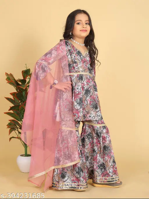 Printed cotton kurta sharara with dupatta set for kids baby girls, comfortable ethnic wear for special occasions like weddings and festivals