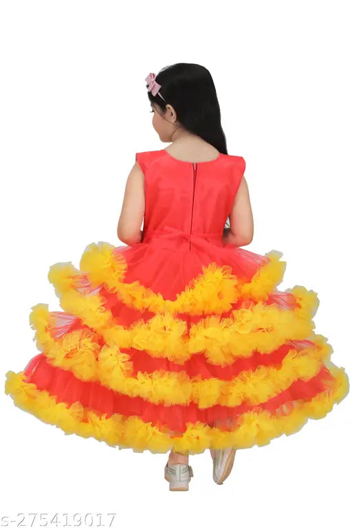 Red net embroidered frock gown for girls, handwork details, perfect for parties and weddings