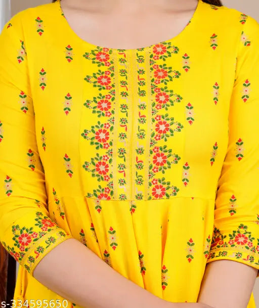 Yellow Rayon Anarkali Kurti, hand-block printed with floral border, traditional-meets-modern ethnic garment for women