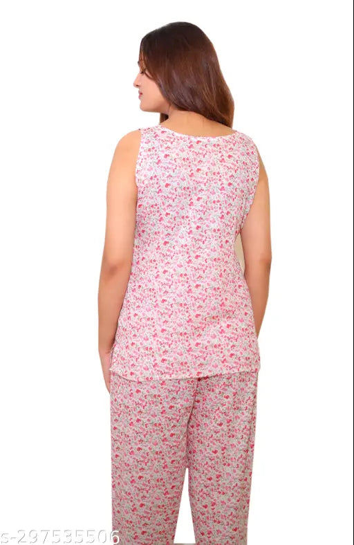 Pink Flower Printed Cotton Night Suit Set, lightweight Malai Modal, relaxed fit, breathable, sleepwear style, machine washable