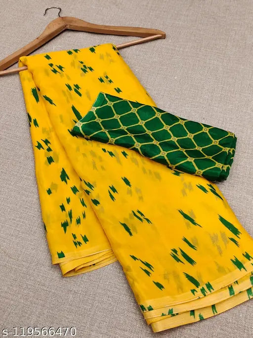 Elegant Chiffon Saree & Blouse, Indian fashion for women's party wear. Lightweight, printed chiffon fabric, free size." (125 characters)