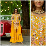 Navratri Collection Yellow Georgette Sharara Set for Women - Embroidered kurti, dupatta and bottomwear