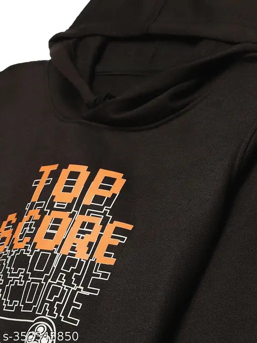 Black printed cotton fleece sweatshirt for boys, long sleeves with hoodie design in size 2-3 years