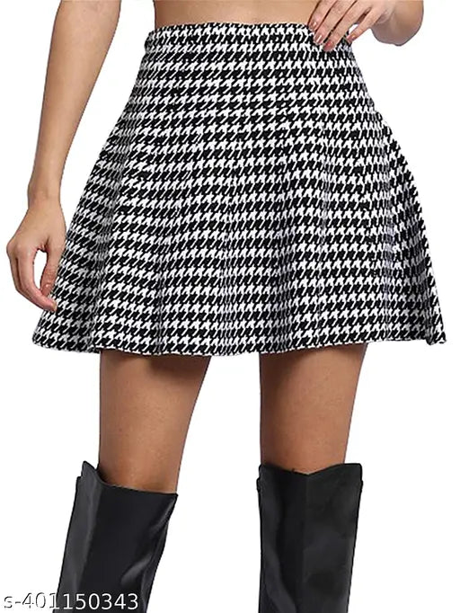 Mehrang cotton blend checked skater skirt with inner shorts, flared inskirt & stretchable waist - mid-waist, multiple layer design, ideal for tall thin women, available in sizes 26, 28, 30, 32 (India)