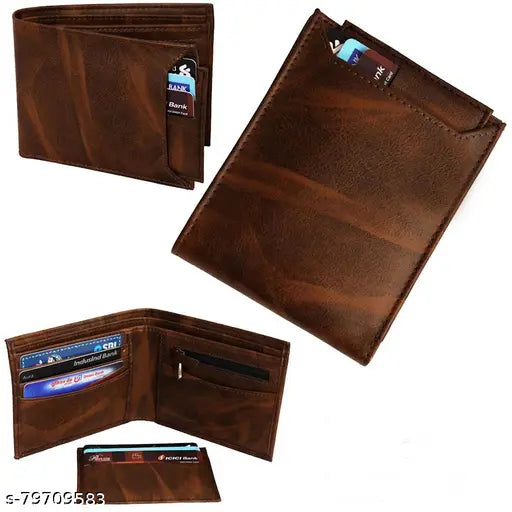 Men's leather wallet PMW052, solid brown bi-fold with two compartments, free size dimensions - 10cm x 11cm, handcrafted in India