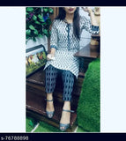 White and Black Stylish Rayon Kurta Pant Set - Printed casual Indian set for modern women, features three-quarter sleeves and pants made from comfortable Rayon fabric