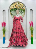 Stylish dark peach multi-printed Georgette Anarkali gown, long sleeves, printed net detail and inner micro cotton flair