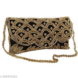 Black velvet embroidered clutch, handmade for women's casual or occasion wear. Indian-origin, free size (24x1in), suitable for phone and accessories