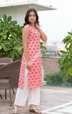 Rayon pink sleeveless kurti with palazzos, printed net design, Indian ethnic wear on mannequin