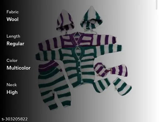 Green and purple striped wool baby sweater set, two pieces for newborns with long sleeves. Cozy winter clothing combo featuring sweater, pajamas, cap, and booties. Perfect gift for a special look for your newborn baby. Made in India, sizes: 0-3 Months (Bust Size: 16 in, Length Size: 20 in, Hip Size: 12 in, Waist Size: 16 in), also available in 0-6 Months and 0-2 Months, and 2-4 Months sizes