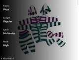 Green and purple striped wool baby sweater set, two pieces for newborns with long sleeves. Cozy winter clothing combo featuring sweater, pajamas, cap, and booties. Perfect gift for a special look for your newborn baby. Made in India, sizes: 0-3 Months (Bust Size: 16 in, Length Size: 20 in, Hip Size: 12 in, Waist Size: 16 in), also available in 0-6 Months and 0-2 Months, and 2-4 Months sizes