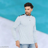Blue wild west print long-sleeve polo t-shirt for men on model, cotton blend for stylish summer wear