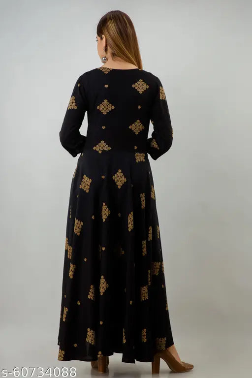 Multicolor digital print rayon anarkali kurta, three-quarter sleeves, festive party wear