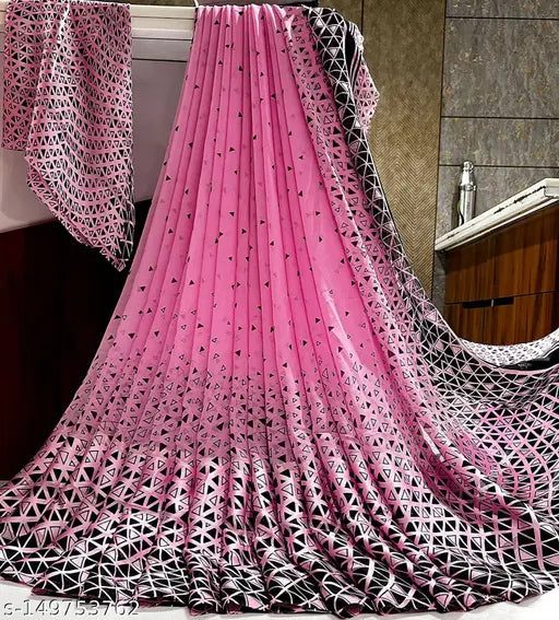 Multi-colored georgette satin saree with printed net blouse, Indian ethnic wear for women