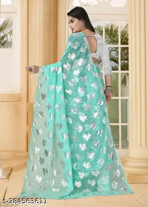 Copper Foil Printed Georgette Diwali Saree with Satin Silk Blouse, India-made party wear