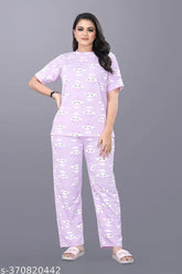 New designer polycotton nightsuit with short sleeves and printed net pattern, ideal for regular wear, picnics, and tours. Made in India