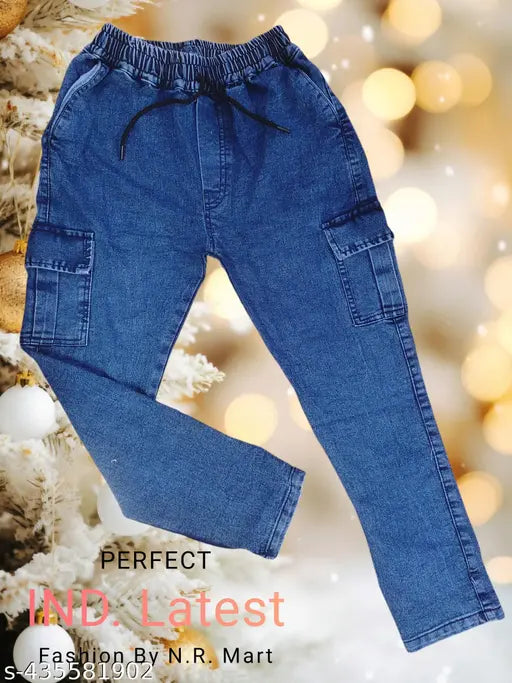 Denim jogger pants for men and boys by NR Mart. Trendy, washed denim fabric in two sizes - 28 (waist 28in, length 38in, hip 32in) & 30 (waist 30in, length 38in, hip 34in)