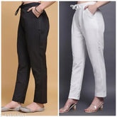 Black-and-white cotton trouser pants set, pack of 2 for women's casual wear - Indian brand