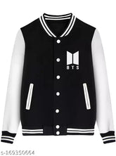 Black cottonblend BTS varsity jacket with print motif, long sleeves, and baseball collar. Ideal for casual wear, business, or outdoor sports
