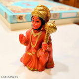 Orange and gold polyresin Hanuman Ji Idol, small size for car dashboard or home altar, intricately crafted with a sitting statue of Bajarang Bali Balaji with Gada, measures 2.8 inches in height