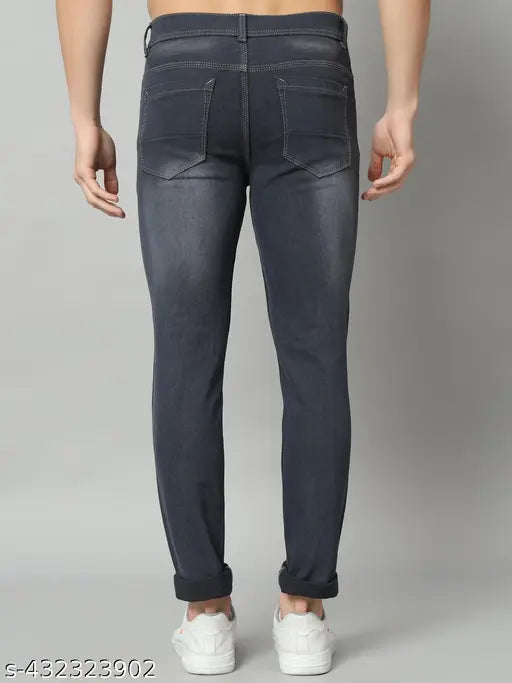 Classic men's dark grey denim jeans, solid pattern, size 26-36, India origin