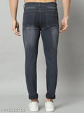 Classic men's dark grey denim jeans, solid pattern, size 26-36, India origin