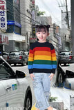 Striped round neck casual kids' wool blend sweater, premium quality, colorblocked design, long sleeves