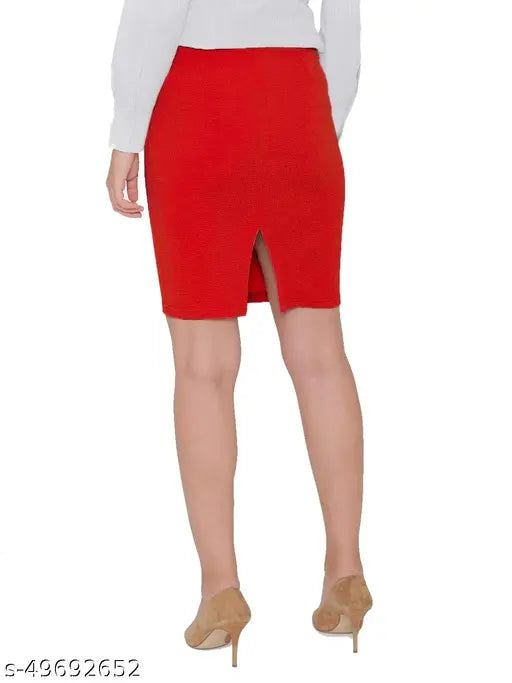 Gorgeous unique women's polyester lycra western pencil skirt - high-waisted, stretchy, versatile, solid net, back slit, perfect for dates or parties. Made in India (size 26, 28, 30)