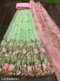 Silk & net embroidered Banita Attractive women's Lehenga set, semi-stitched (44in waist, 43in length), with cut work border in dupatta