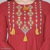 Rayon embroidered lace Anarkali gown kurti, Indian fashion with pompoms on three-quarter sleeves