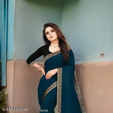Georgette lace saree with blouse, daily-party wear, solid pattern, free size, Indian origin