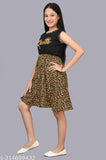 Brown tigerprint crepe girls dress for summer wear, printed net pattern, sizes 8-9 to 14-15 years