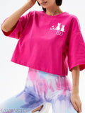 Magenta cotton blend crop top featuring happy cat print, ideal for a chic streetwear look
