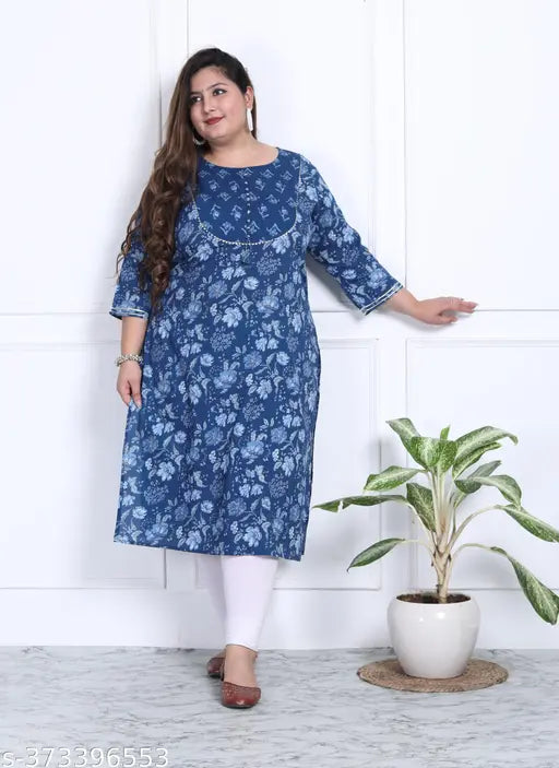 Blue floral print plus size cotton straight kurta, three-quarter sleeves, yog neckline, India origin