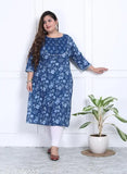Blue floral print plus size cotton straight kurta, three-quarter sleeves, yog neckline, India origin