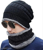 Black wool beanie cap with neck warmer scarf set for men & women, winter wear accessory