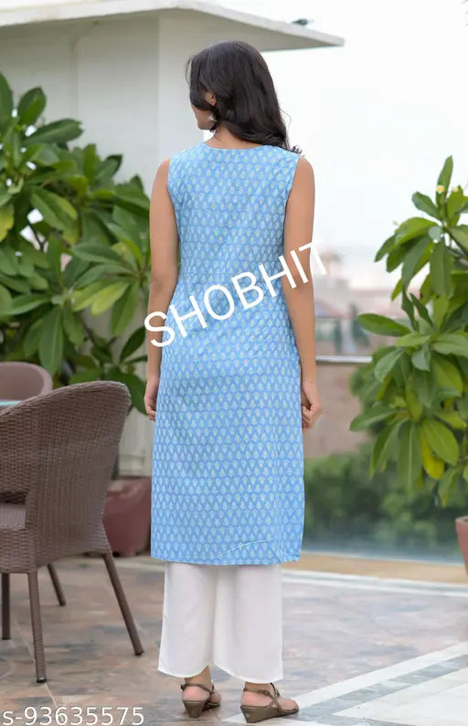 Blue rayon kurta with white palazzo set - colorblocked, sleeveless, rayon fabric, India