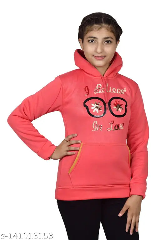 Gajri color, wool hoodie with unique printed design for girls aged 11-13 years, full sleeve and long sleeves