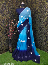 Georgette embroidered saree in neutral and white with floral print, perfect for parties or special occasions. This versatile and comfortable saree features intricate embroidery that makes it a standout piece. Style it with various blouses for added appeal. Ideal for expanding your wardrobe with unique items. Sizes: Free Size (Saree length size: 5.4 m, Blouse length size: 0.8 m). Origin: India