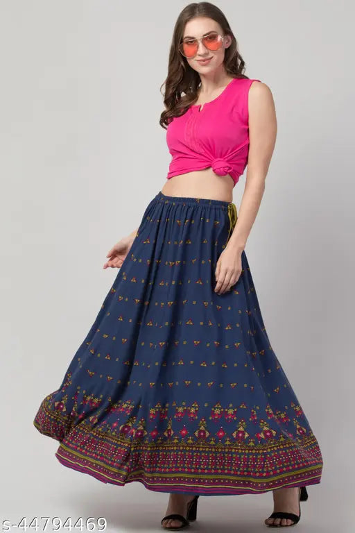 Stylish rayon A-line Western skirt with elastic waistband and tie knot, printed net pattern for casual and evening wear, approx length 36 inches, size 26 (waist 25", length 36")