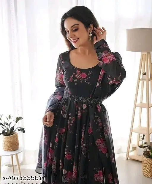 Black roze print georgette long-sleeve blouse, vibrant printed net on hanger