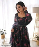 Black roze print georgette long-sleeve blouse, vibrant printed net on hanger